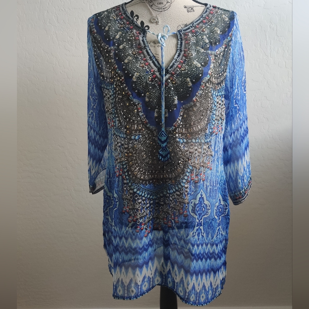 🆕 Dubal Duty Free Boho Beaded Embellished Geometric Print Midi dress_Small